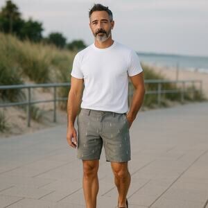 J.Crew Mens Chambrey Cotton Anchor Nautical Shorts  32 Blue